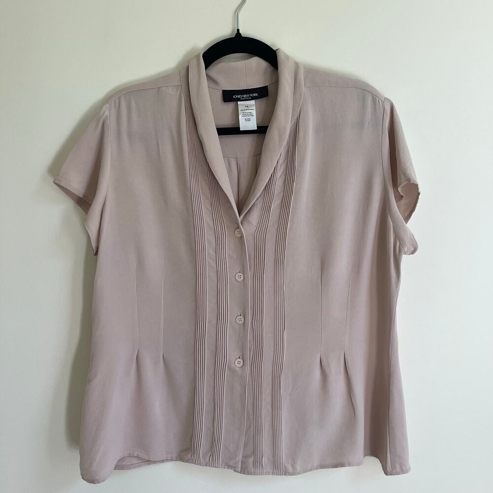 Jones New York Platinum Blouse Silk Mauve Light Pink Pleated Button Front Sz 14